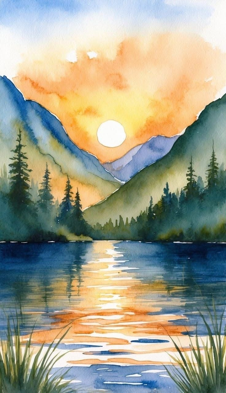 Mountain Lake Sunrise Watercolor